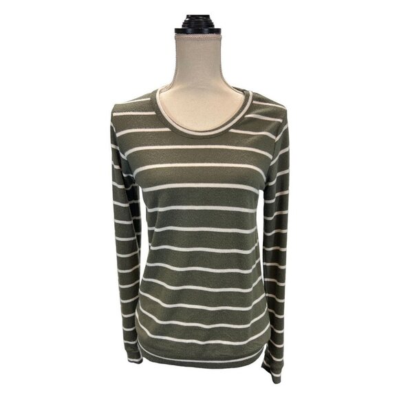 Poof Womens L Soft Knit Sweater Olive Green Striped Key Hole Back Stretchy Knit - Picture 1 of 9